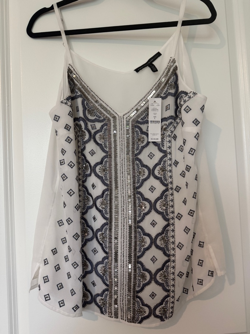White House Black Market White and Navy Embellished Beaded Camisole